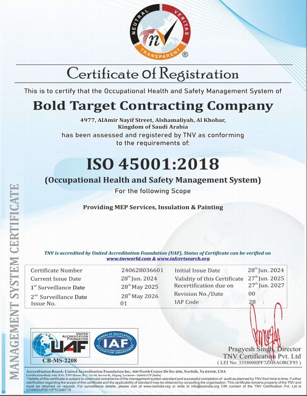 BoldTarget Contracting Company Achieves ISO 45001:2015 Certification for Occupational Health and Safety Management
